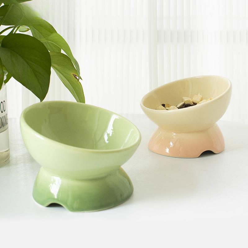 Creative Ceramic Tall Footed Bowls, Anti Overturning Neck Protection, Slanted Mouth, Gradient Color Cat Bowl, Pet Supplies , 1Pc