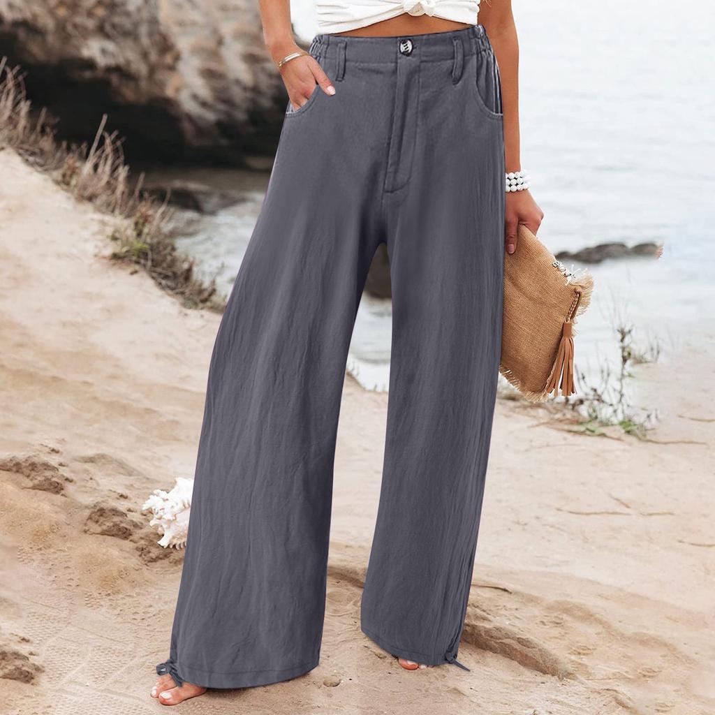 Summer Cotton Linen Wide Leg Pants Women Loose Palazzo Pant Pocket Elastic Waist Button Casual Pants