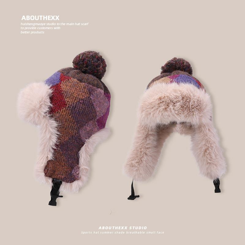 Dopamine Checkered Hat for Women New Winter Woolen Hat with Thick Headband Cold Proof Plush Ear Protecting Lei Feng Hat for Men