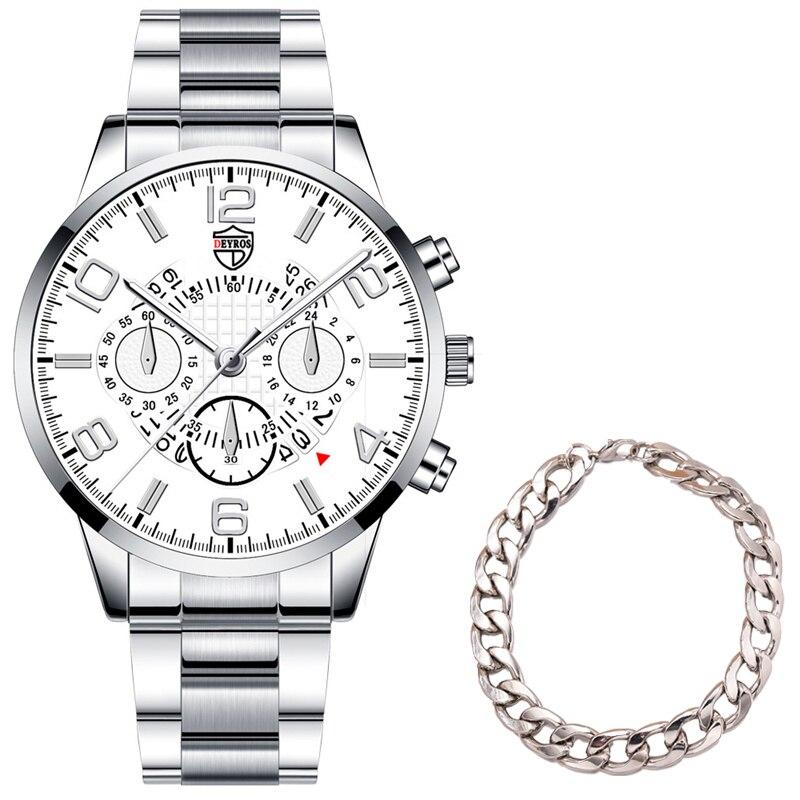 

2PCS Fashion Mens Bracelet Watches Set Luxury Men Sports Silver Stainless Steel Quartz Watch Man Business Casual Wrist Watch срібні білого кольору