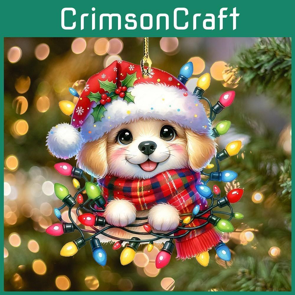 Flat Acrylic Christmas Surface Pendant With Cute Puppy Checkered Design Scarf