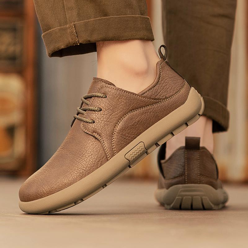 New Men's Soft Leather Casual Shoes Men Breathable Lace-Up Flat Heel Rubber Walking Shoes Fashion Comfortable Sneakers