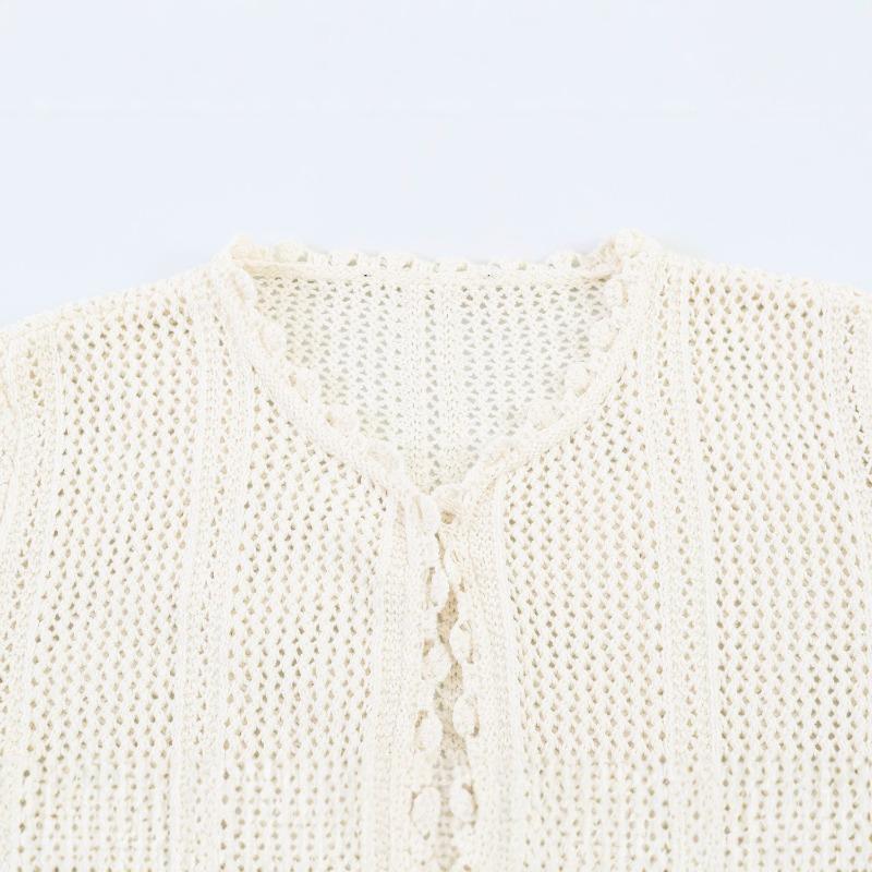 Women Long Sleeve Crew Neck Hollow Knit Cardigan
