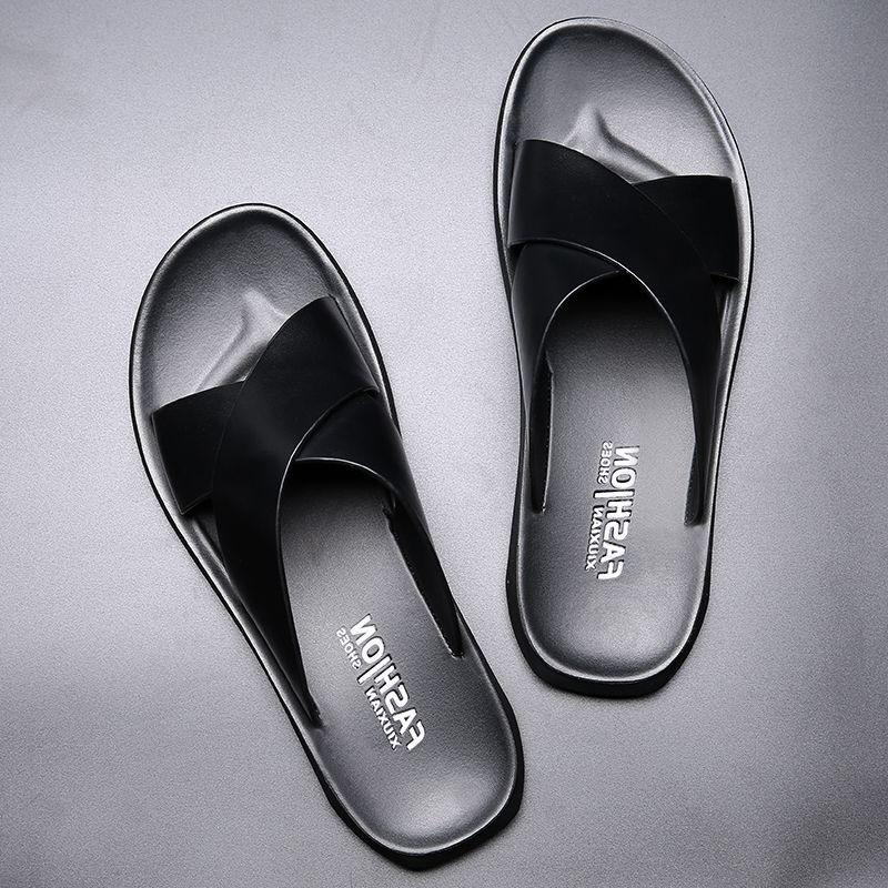 Luxury Designer Summer New Men's Slippers Leather Cool Non Slip Beach Shoes Male Cross Belt Slippers