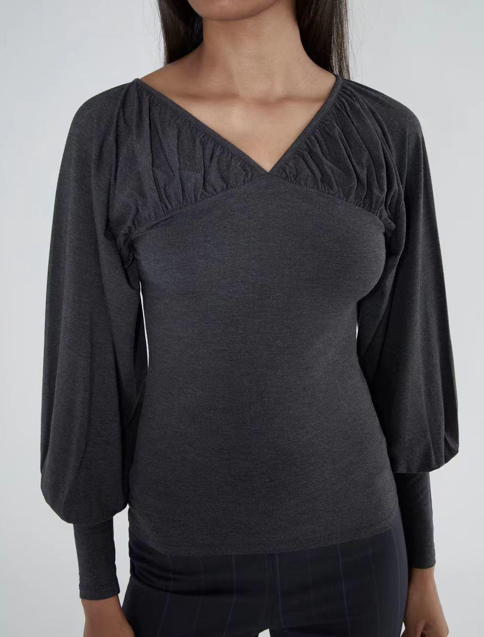 Paloma Wool V-Neck Pleated Lantern Sleeve Top for Women - Spring/Autumn Collection Small темно-серого