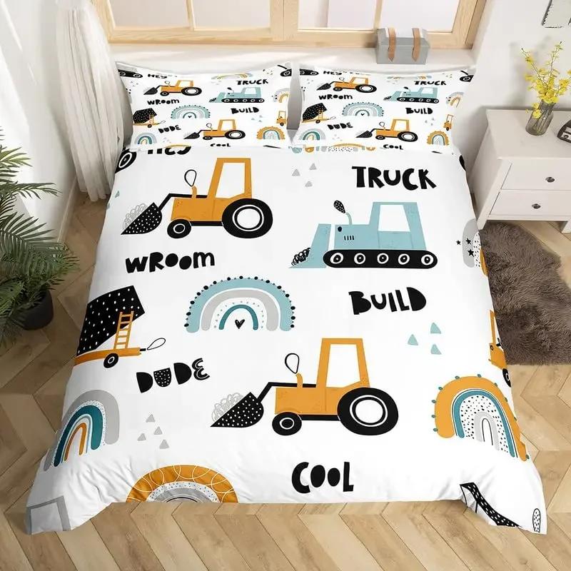 Truck Excavator Soft Duvet Cover Set Quen Sized Dimensions for Children Kids Nursery Carton Tractor Enginering Vehicle Construction Theme Beding Set
