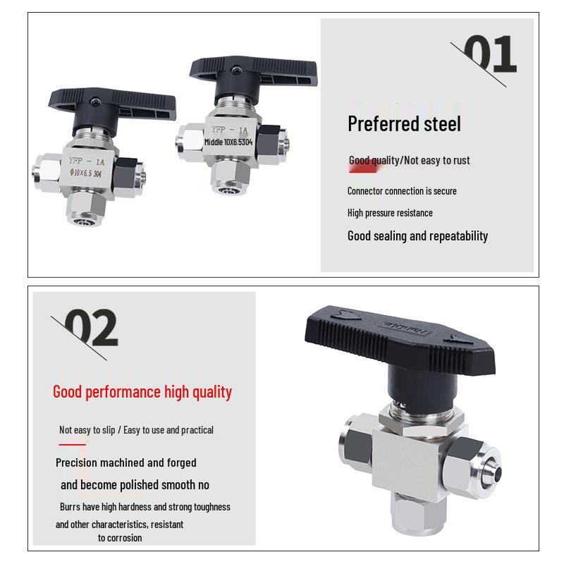 304 Stainless Steel Quick Turn 3-Way Ball Valve with Panel Mount Locking Nut for Hose PU Air Tube.