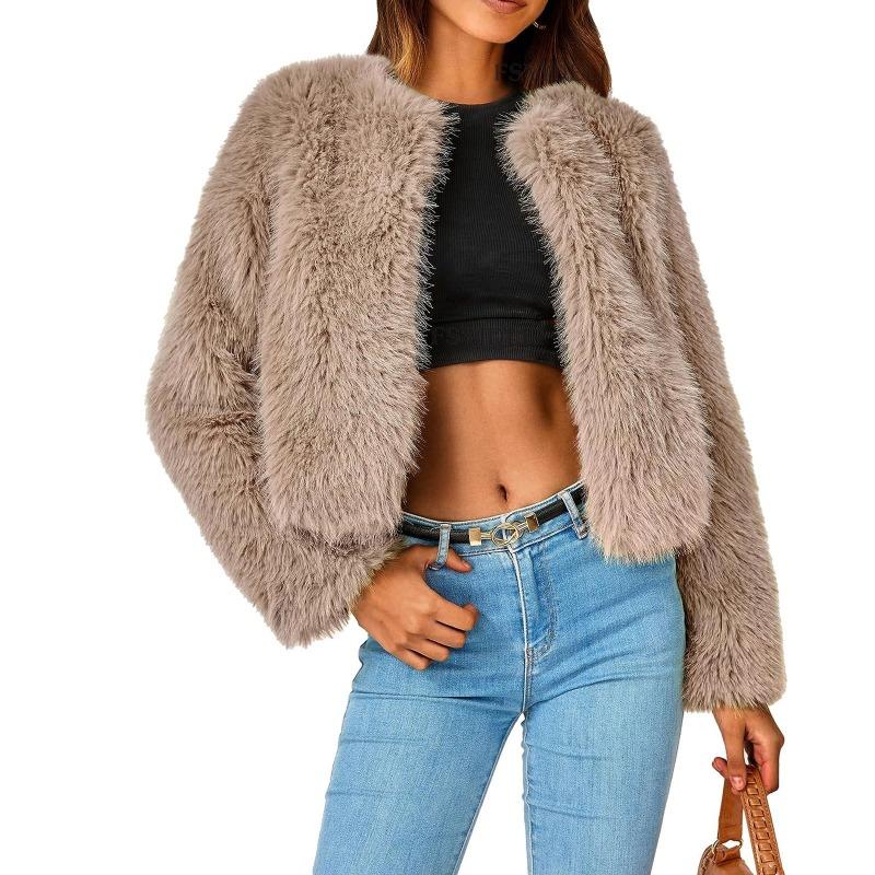 Women's Faux Fur Cropped Jacket Soft Fluffy Open Front Coat Warm Winter Outerwear
