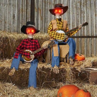 Halloween Animované Banjo Kostry Podzimní Venkovský Kostlivý Hudebník Hrající na Banjo Figurka pro Den Díkůvzdání Podzimní Sklizňová Dekorace