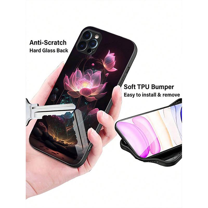 Luxury Lotus Flower Print Glass Phone Case For iPhone 11 12 13 14 15 16 17 Pro Max 16E 17Air 7 8 Plus XR XS X Shockproof Cover