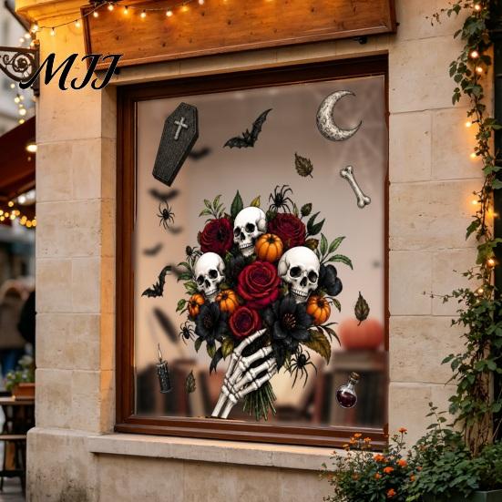 Gift for Halloween Party Setup Window Static Sticker, Castle/Bat/Pumpkin/Bouquet Printed, PVC Waterproof Removable Decorative Clings Decals