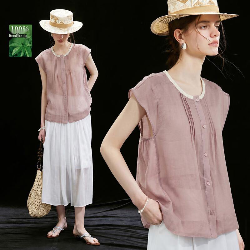 Wudao 100% Ramie Pleated Flutter Sleeve Loose T-Shirt M