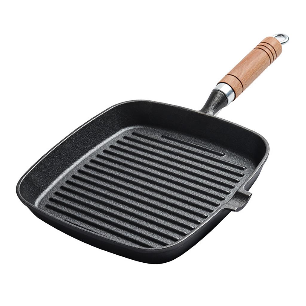 Steak Grill Pan with Wooden Handle 8.7in Thickened Bottom Even Heating Nonstick Grill Pan with Pour Spout for Indoor