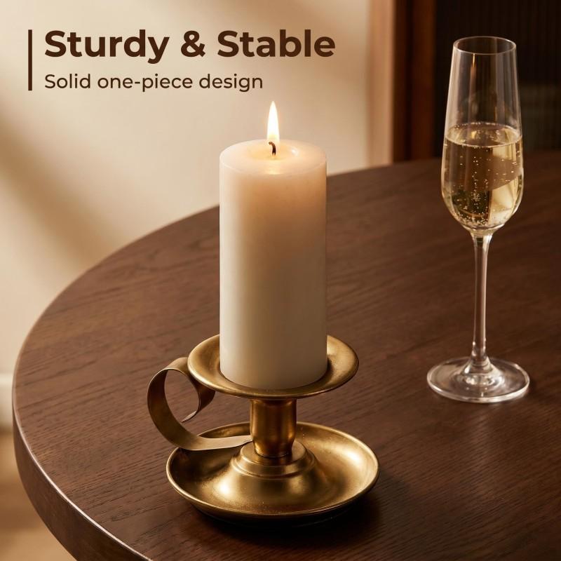 Vintage Metal Pillar Candle Holder Curved C Handle, Bronze & Matte Black Candlestick with Wax Catching Tray for Home Table