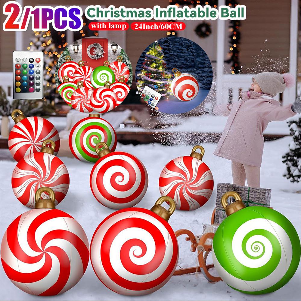 24 Inch Light Up PVC Inflatable Christmas Ball New Years Christmas Ornaments with Light and Remote Holiday Yard Lawn Porch Decor