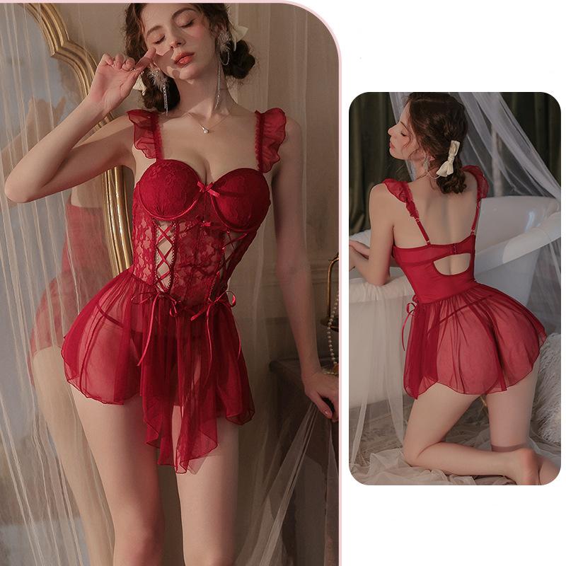 New Women's Sexy Lace Nightgown Erotic Gathering Pajamas Pure Desire Erotic Lingerie Lace-Up Fishbone Corset Nightgown Panty Set