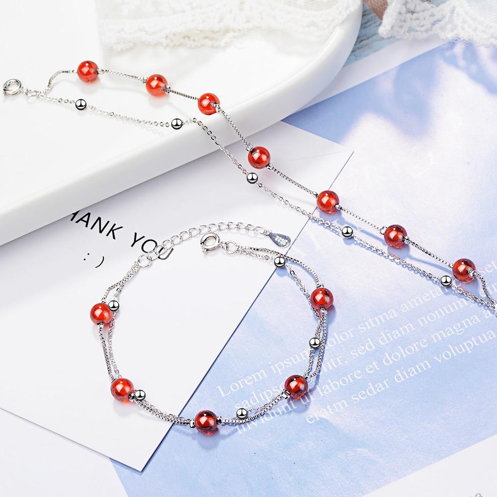 Bracciale in Argento Sterling 925 Moda Pietra Granato Rosso Doppio Strato Perline Catena Collegata Per Donne Bracciale Ciondolo Gioiello Regalo