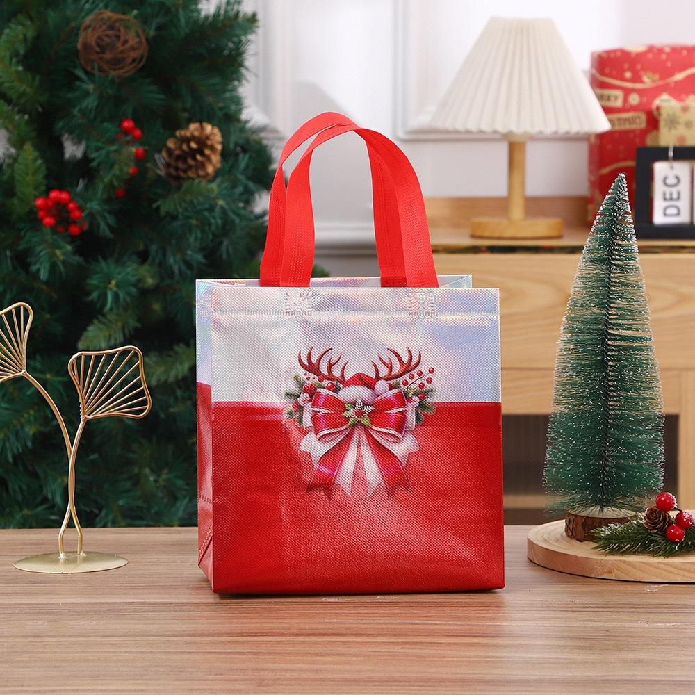 StoBag Christmas Gift Bags Holiday Non-Woven Tote Bags with Holographic Bow Design for Candy Snacks and Presents