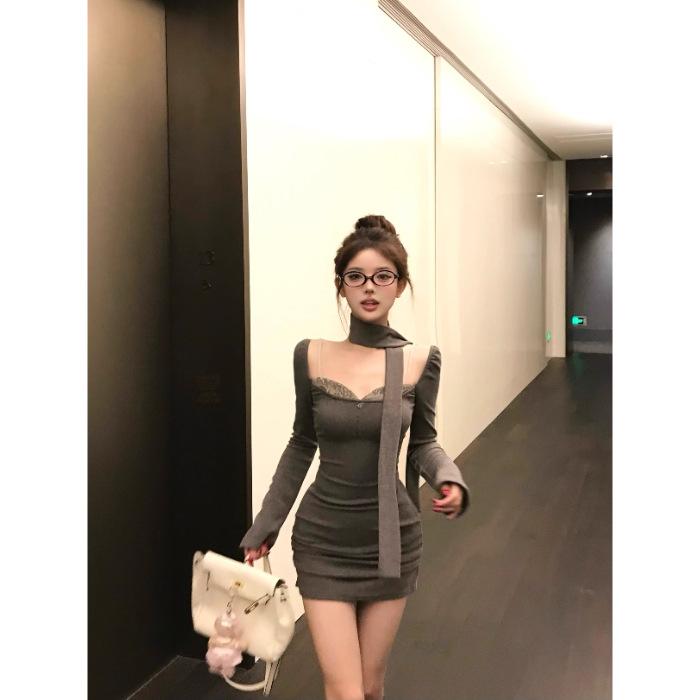 

Lace splicing fake two-piece long-sleeved dress women s autumn slim-fitting tight hip-wrapped skirt pure desire wind waist short skirt XL сірий колір