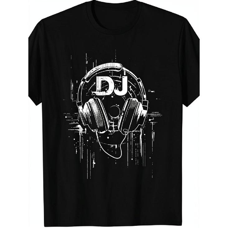 Casque Dj Black T-Shirt | Regular Fit, Crew Neck, Short Sleeve, Digital Heat Transfer, Geometric Pattern, Perfect For Men, All-Season Casual Wear