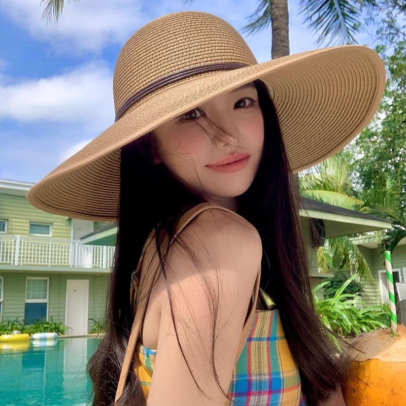 Lace Bow Straw Hat Women's Summer French Large Brim Sunscreen Hat Seaside Beach Vacation Sun Hat