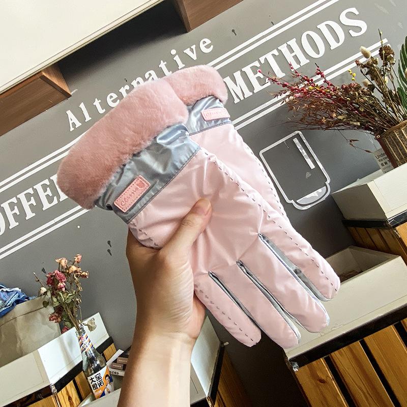 Gloves female winter cute touch screen velvet thickened five fingers student riding warm skiing windproof waterproof Korean version network
