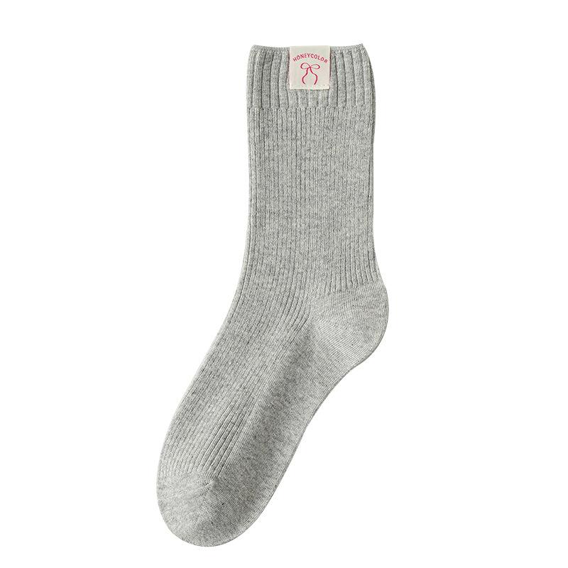 5 Pairs Socks Autumn Women's Cream Double Needle Thickened Pile Socks Bowknot Cloth Label Tide Socks