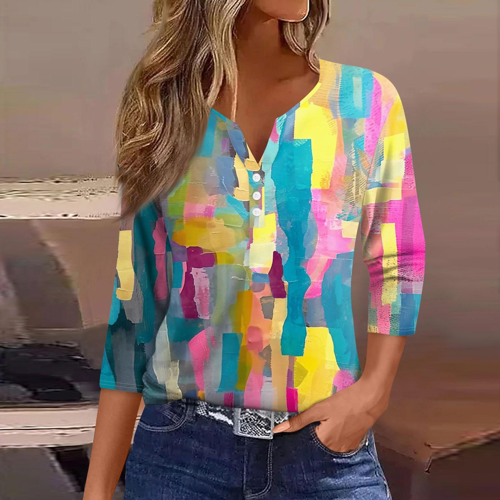 

Жен. Футболка Футболка С принтом Пуговицы Рукав 3/4 Повседневные Выходные Мода Классический Классический V-образный вырез Обычный Верх L