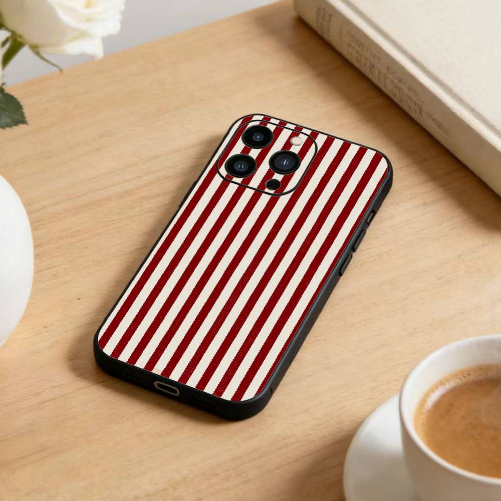 Burgundy White Stripe  Phone Case For iPhone17,16,15,14,13,12 Plus,Max Soft Silicone Black Cover