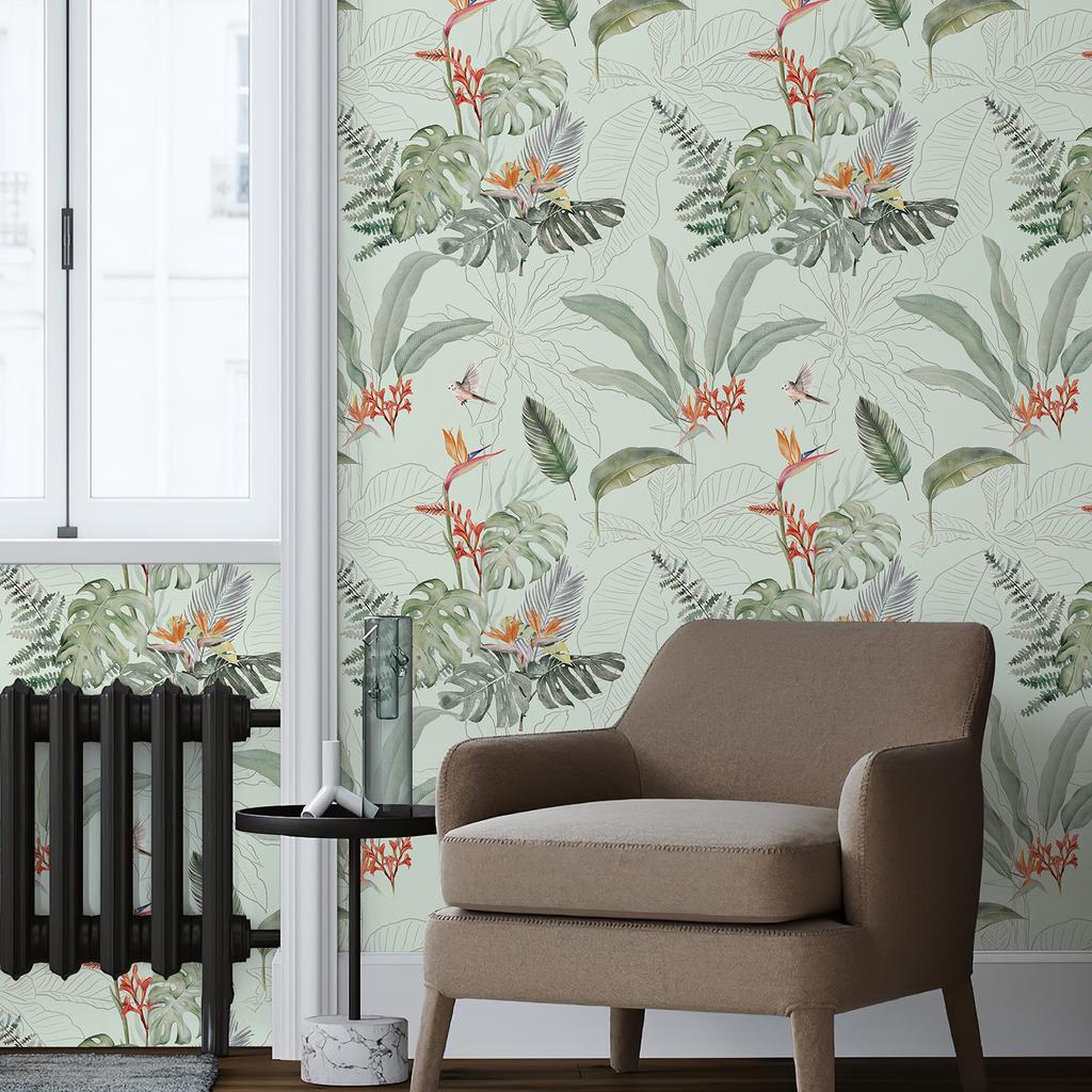 Light Green Botanical Birds Wallpaper Peel and Stick Waterproof Fresh Decor for Living Room Chic Leaves Bathroom Wallpaper
