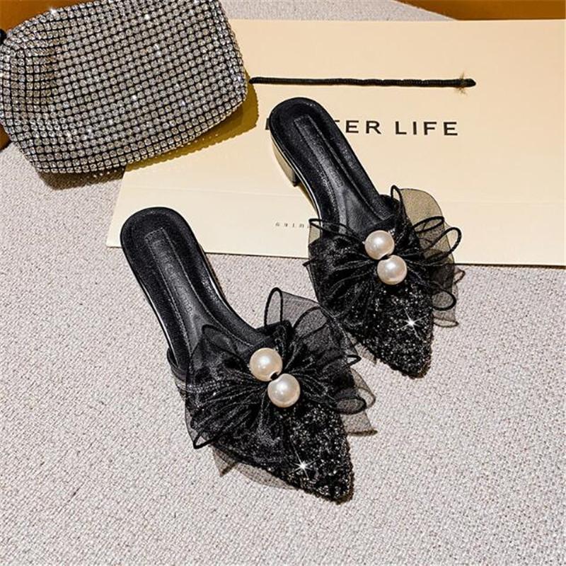 Women Slippers Fashion Rhinestone Sequins Slip On Square Heel Pumps Lady Classic Black Beige High Quality Comfort Summer Shoes