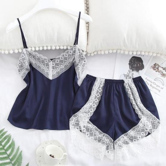 Lace Trim Pajama Set for Women 2 Piece V Neck Sleeveless Cami Tank Top And Shorts Pjs Set Summer Sexy Lounge Sleepwear