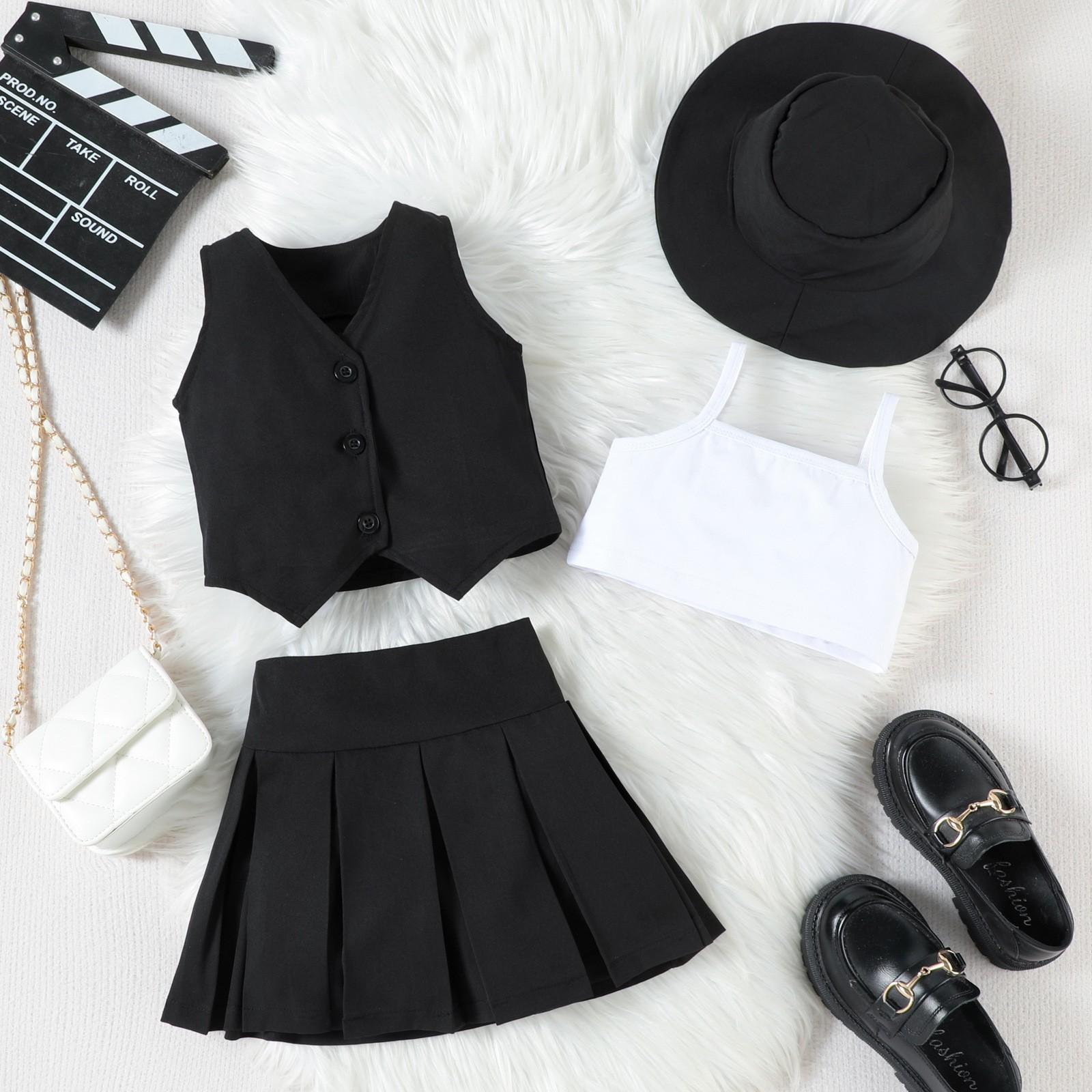 

Модный комплект для девочек, летний детский повседневный жилет, плиссированная юбка, шляпа, многокомпонентный костюм 130cm чёрный