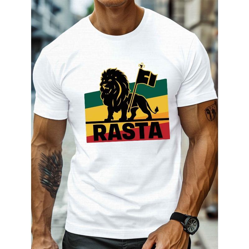 Европейский размер RASTA Иллюстрация Льва Мужская Повседневная Футболка с Круглым Вырезом с Коротким Рукавом для Лета, 2XL