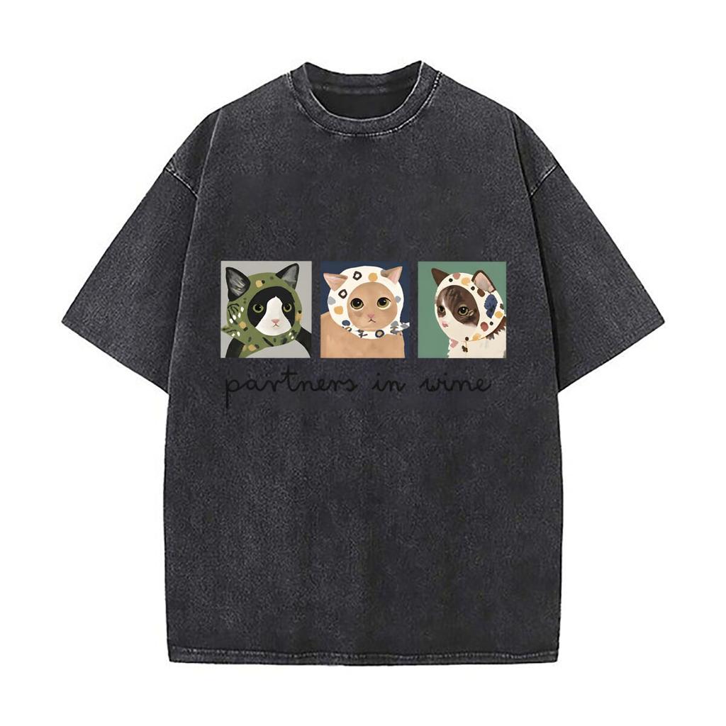 Partners In Wine Cats Headscarves Illustration Vintage Distressed Loose Streetwear Tops for Campus Days
