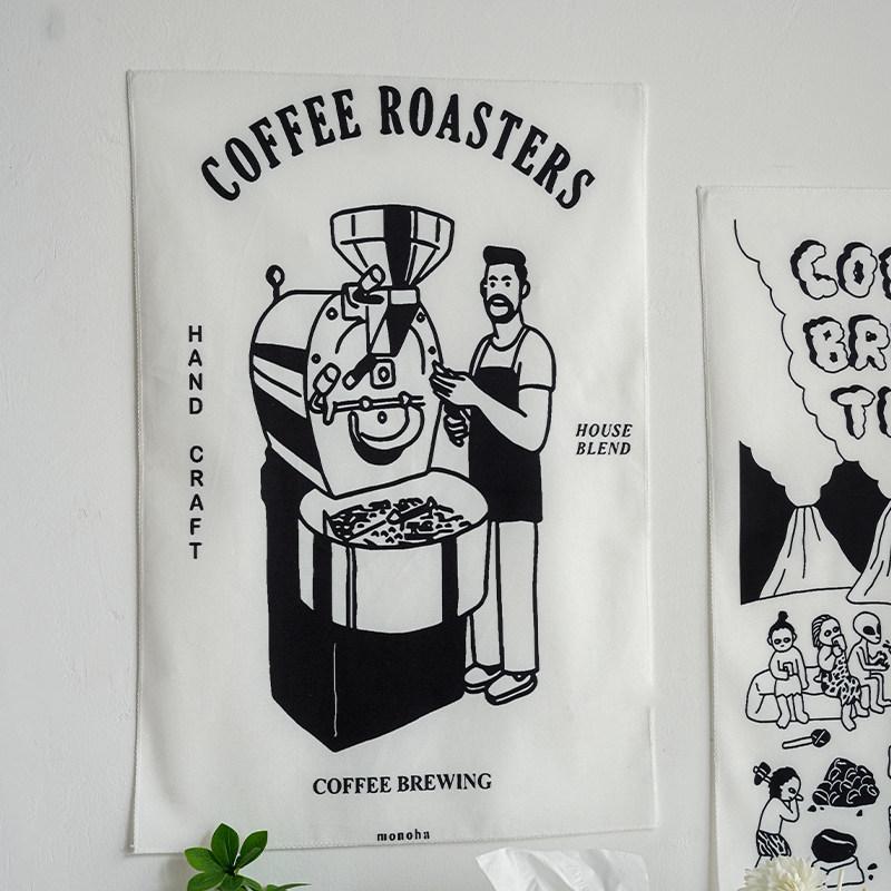 

Black White Minimalist Wall Tapestry for Coffee Milk Tea Shops Decorative Artistic Illustration Design 74x94cm(29x37in)