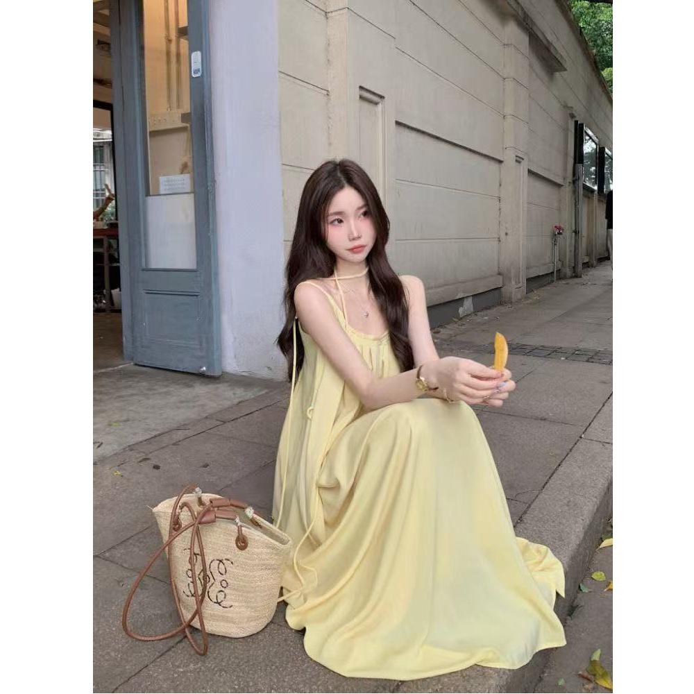 French Seaside Yellow Strappy Women's Long Summer Dress - Casual Beach Fairy Style