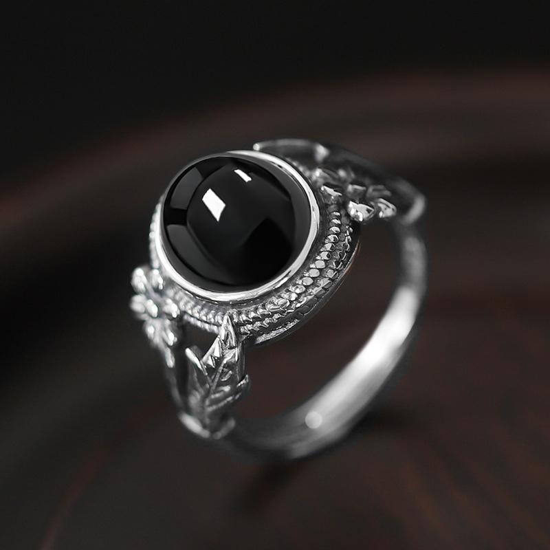 Vintage 925 Sterling Copper Ring Natural Black Onyx Ring Oval Round Stone Retro Fine Zircon Gift Sun Shaped For Women Men
