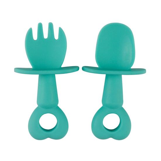 2Pcs/Set Kid Spoon Kit Food Grade Rounded Edge Silicone Self Feeding Baby Fork Set for Toddler