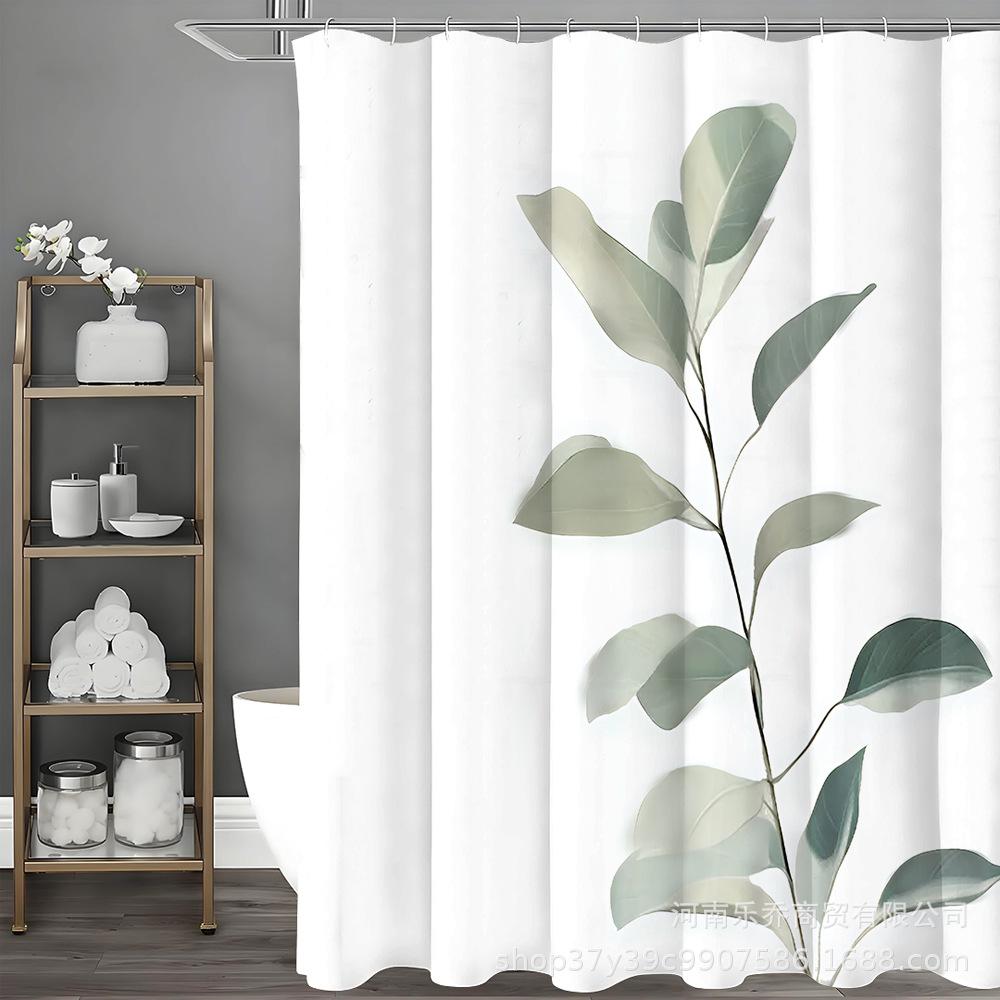 Green Leaf Shower Curtain Set - 4-Piece, Waterproof & Mildew-Proof with Hooks, Ideal for Bathroom Decor, Bulk Discount Available