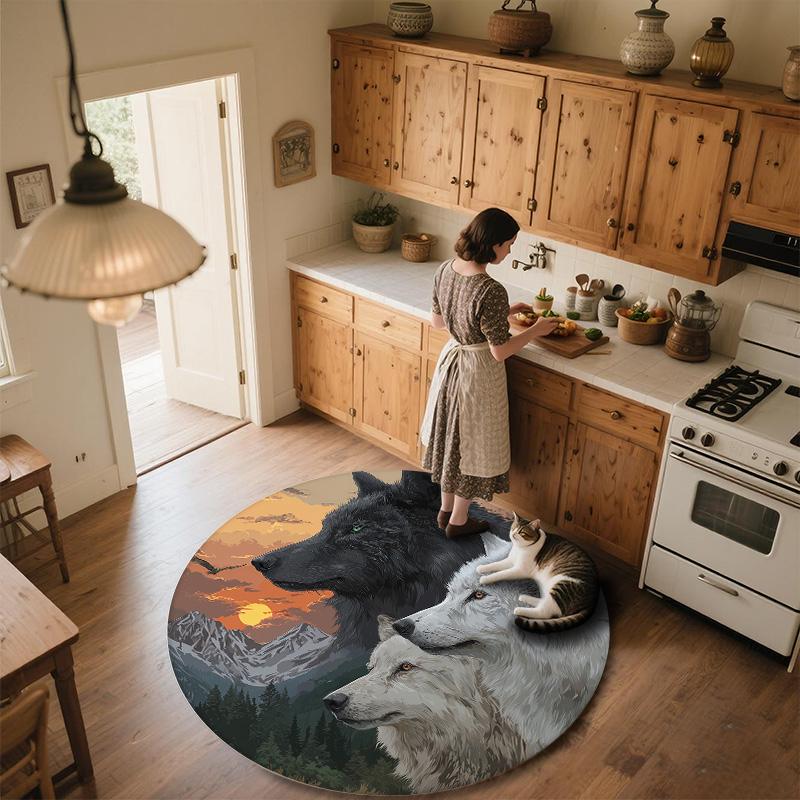 Okrągły Dywanik Trzy Wilki, Dywan do Salonu Sypialni Sofy Pokoju Zabaw Dekoracja, Antypoślizgowa Mata Podłogowa
