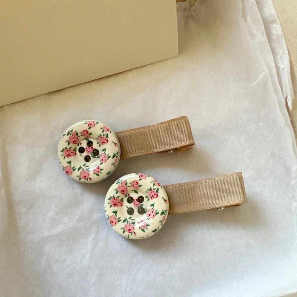 Wooden Texture Vintage Button Hair Clips Sweet Side Clip Floral Barrettes  For Women Kids