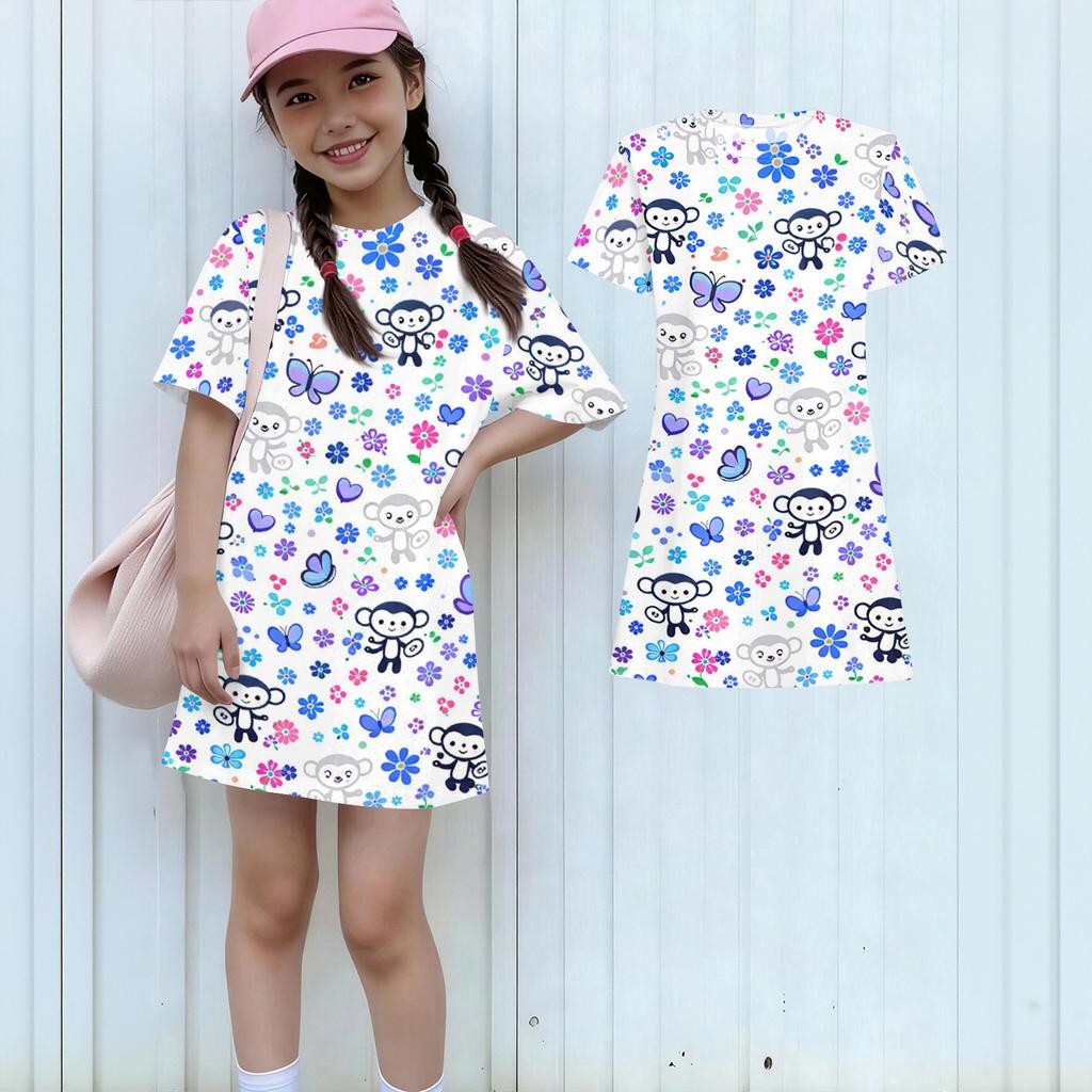 Girls Print Casual Dress Kids Loose Round Neck Short Sleeve Thin Sundress