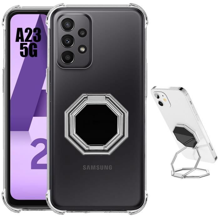 Protective Case - BOOLING - for Samsung Galaxy A23 4G-5G - Shockproof Silicone - Silver Metal Stand - 4 Airbags