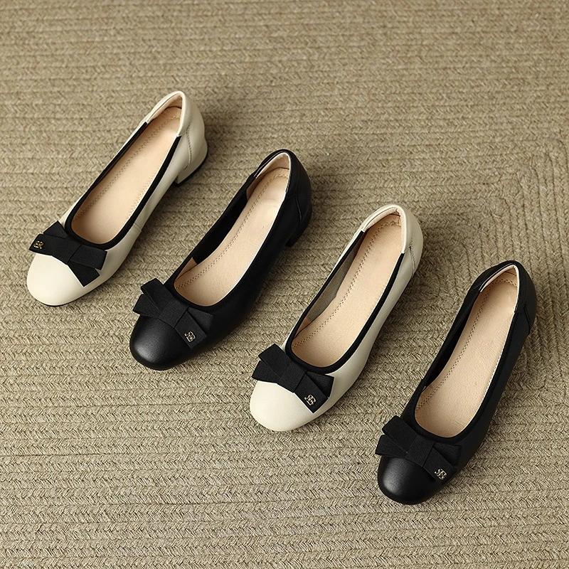 Fashion Ballet Flat Cowhide Bow Women's Shoes Genuine Leather High Heels Girl Mary Jane Shoes