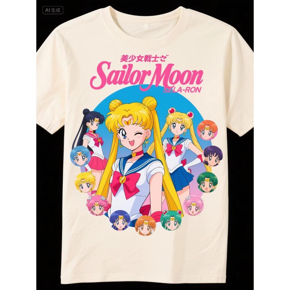 

2026 Sailor Moon Cotton Tshirt Summer Unisexs Womens Cute Harajuku Kawaii Y2K Clothes Tops Comfortable Breathable Cotton Tees S