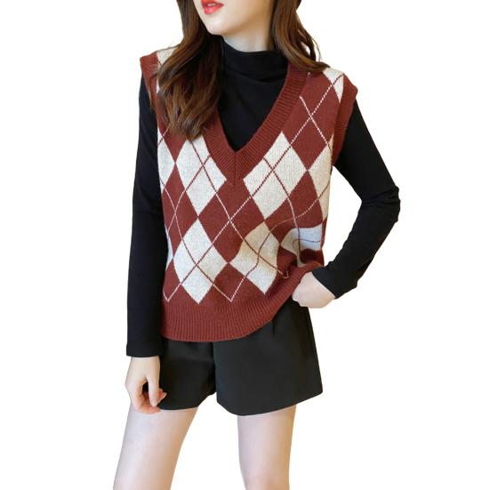 Women's Diamond Plaid Pattern Knitted Vest Loose V Neck Sleeveless Pullover Tank Top Casual School Sweater Top
