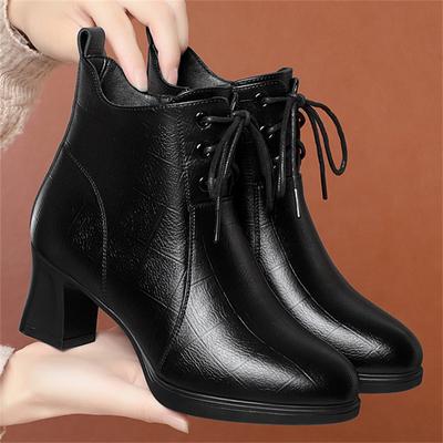 Fashion Elegant Comfort Soft Leather Thick Heel Ankle Boots Women Lace Up Pointed Toe Autumn Winter Warm Party Casual Platform Boots