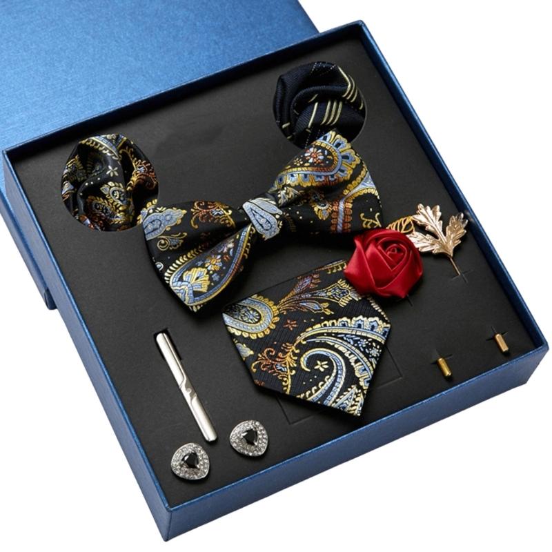 Pack of 9 Men's Floral Tie Set with Pocket Square Tie Clip Brooch Accessories for Formal Occasion Holiday Gift Supply
