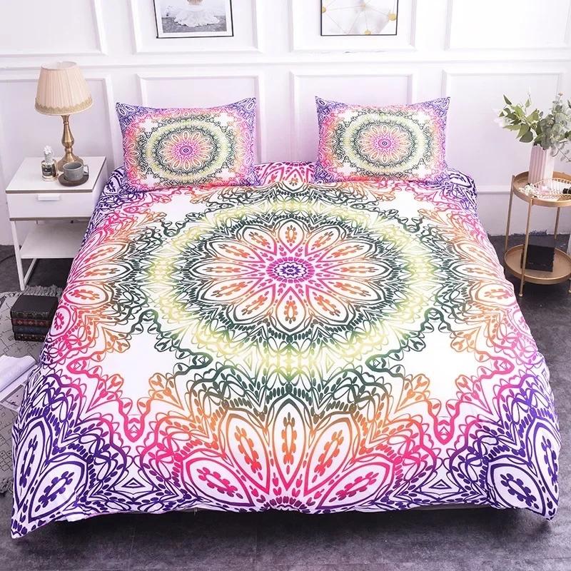Colorful Mandala Duvet Cover Set Bohemian Style Pastel Toned Abstract Flower Design Print Bedding Set Quilt Cover Pillow Covers